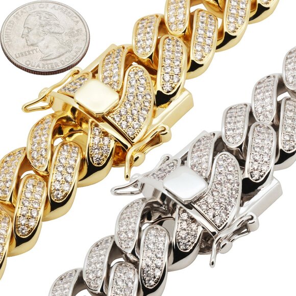 14k Yellow/White GP AAA CZ 24mm Cuban Link Chain Necklace Bracelet 9”-30”